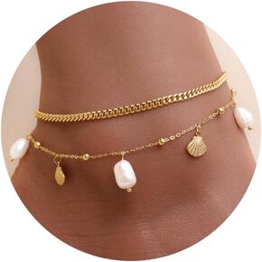 Dainty Gold 2PCS Shell Pearl Ankle Bracelets for Women, Trendy Adjustable Anklet Stack Charm Bracelet Layered Cute Summer Ocean Beach Accessories Fashion Jewelry Gift