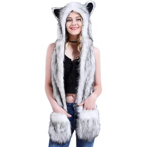 Viking Costume Wolf Animal Hood Hoods Faux Fur Winter Hats Furry Hoodie Scarf Paws Ears Pocket Mittens Gloves for Women Men