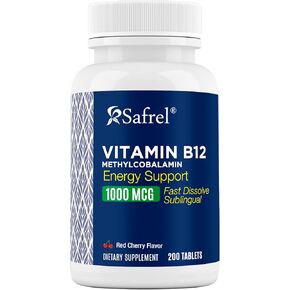 Safrel Vitamin B12 1000 mcg Methylcobalamin, 200 Fast Dissolve Tablets, Easy to Take Sublingual B12 Cherry Flavor, 200 Day Supply