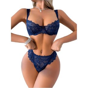 Milumia Women's Lace Trim Sheer Mesh Bra and Panty Set 2 Piece Lingerie Set