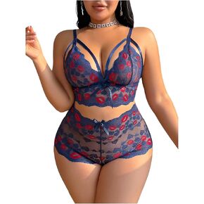 WDIRARA Women's Plus Size 2 Piece Lingerie Set Lip Print Lace Bra and Panty Set