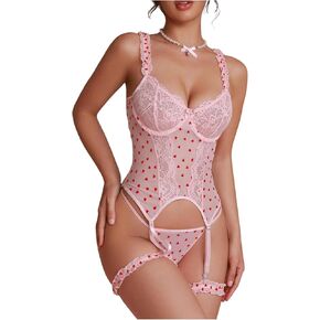 WDIRARA Women's 4 Piece Mesh Lace Lingerie Sets Heart Print Corset Bra and Panty Set with Garter