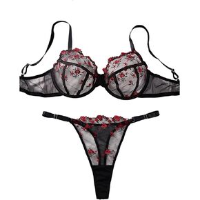 SHENHE Women's Plus Size Floral Embroidered Mesh Underwire Bra and Panty Sheer Lingerie Set
