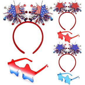 6 PCS Patriotic Party Supplies, Independence Day Patriotic Headband, Red White Blue Star Sunglasses, 4th of July Party Favors and Memorial Day Supplies for Women Men Party Accessories