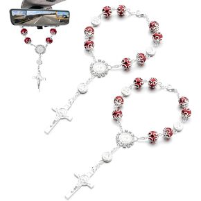 Car Rosary for Rearview Mirror, Personalized Blessing Hanging Pendant for Car Rear View Mirror, Cross Rosary Ornament Interior Decor for Most Vehicles, Car Accessories (Pink)