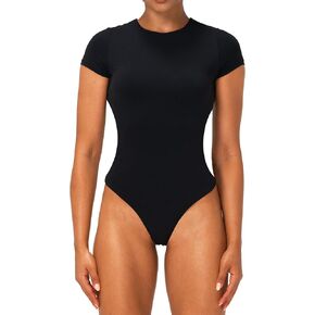 Black Short Sleeve Thong Bodysuit for Women Tummy Control Sexy Going Out Tops Fashion Crew Neck Body Suit 2025