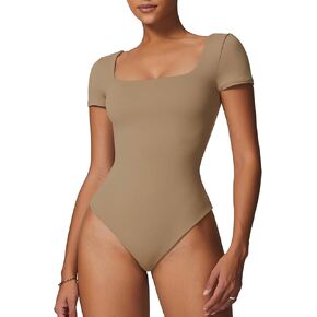 Women's Square Neck Double Lined Bodysuit T-Shirt Short Sleeve Fitted Basic Bodysuit Tops in Saudi Arabia