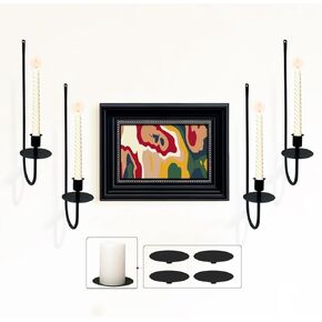 Wall Candle Sconces Holder Set of 4, Metal Candles Sconce Wall- Mounted Home Decor, Modern Taper & Pillar Candlestick Holders Decorations for Living Room, Farmhouse, Fireplace, Entryway(Black)