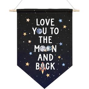 Love You to The Moon and Back Canvas Hanging Pennant Flag, Home Kids Room Nursery Bedroom Playroom Decor, Stars Moon Universe Banner, Funny Newborns Gifts for Family Friend Coworker Child BFF
