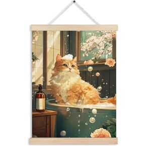 Tabby Cat Bathroom Wall Art, Green Bathroom Wall Decor, Orange Cat Decor, Cat Bathroom Decor, Japanese Bathroom Decor, Cat Bathroom Aesthetic Canvas Wall Art Poster Hanger Frame, 12x16 Inches