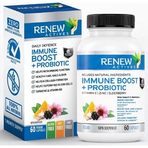 RENEW ACTIVES Antioxidant – Elderberry, Probiotics, Zinc, Vitamin C & Organic Turmeric 700MG per 2 Capsules – For Immune Function, Collagen Formation, & Overall Wellness – Made in Canada - 60 Capsules