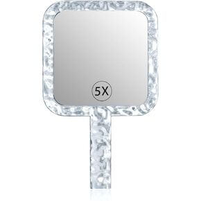 YEAKE Hand Mirror,Double-Sided Handheld 1X/5X Magnifying Mirror with Handle for Makeup, Shaving Mirror with Hole Hanging,Acrylic, 6.1" W x 10" L, Square Shape, Transparent 1 PC