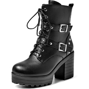 Women’s Ankle Boots Round Toe Gothic Chunky Platform Combat Boots Lace Up Short Booties Side Zipper Biker Boots