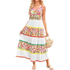 GRACE KARIN Women Summer Boho Dress 2025 Spaghetti Strap V Neck Smocked Ruffle Flowy Beach Maxi Dress with Pockets