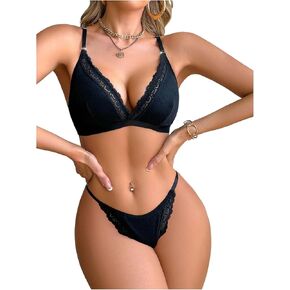 Milumia Women's Ribbed Lace Trim Wireless Bra and Panty Set 2 Piece Bralettes and Thong Underwear Lingerie