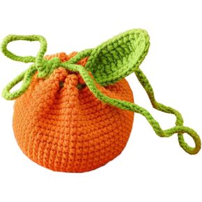 MIAO JIN Cute Tangerine Shaped Mini Storage Bag Crochet Fruit Drawstring Bags Tiny Handwoven Cotton Handbag Coin Purse Pouch Change Wallet for Women Earbuds Protective Case