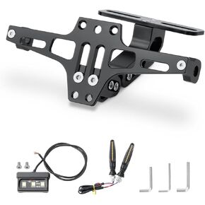 Motorcycle License Plate Bracket with Lights Adjustable Motorcycle License Plate Holder CNC Aluminum Motorcycle Fender Eliminator Kit With 2 Turn Signals LED Light (Black)