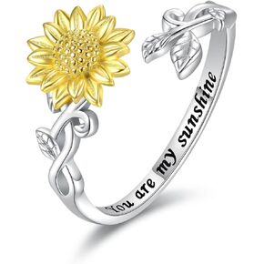 Sterling Silver Sunflower Ring You Are My Sunshine Adjustable Open Ring Flower Jewelry Gift Promise Ring for Women