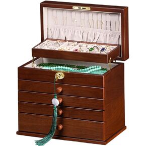 Vintage Wooden Jewelry Box with Dual Key Lock, Carved Top, Necklace Hooks – Antique Jewelry Organizer for Dresser Tabletop, Jewelry Storage Boxes for Women