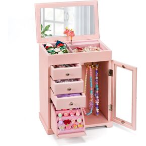 Miratino Jewelry Box for Girls, Kids Jewelry Box with Spinning Dancer, 5 Layer Large Wooden Musical Jewelry Organizer Box Gifts for Little Girls Christmas New Year Birthday Children's Day(Pink)