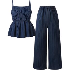 Girl's Two Piece Cute Outfit Layered Ruched Ruffle Cami Top Wide Leg Pleated Pants Set Going Out Outfis