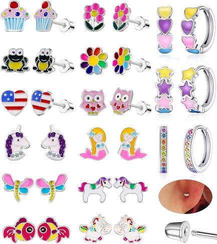 15 Pairs Stud Earrings Set :12 Pairs Unique Cartoon Flat Back Earrings & 3 Pairs Mini Hoops with Stainless Steel Posts and Screwback Earring in Kuwait