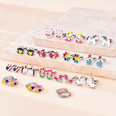15 Pairs Stud Earrings Set :12 Pairs Unique Cartoon Flat Back Earrings & 3 Pairs Mini Hoops with Stainless Steel Posts and Screwback Earring in Kuwait