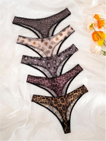 GORGLITTER Women's 5 Pack Leopard Print Thong Mesh Low Rise Underwear in Saudi Arabia