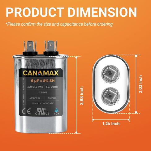 Canamax Premium 6uF mfd ±5% 370-440VAC Oval Run Start Capacitor 50/60 Hz AC Electric - Exact Fit for AC Motor Run or Fan Start and Cool or Heat Pump Air Conditioner in Saudi Arabia