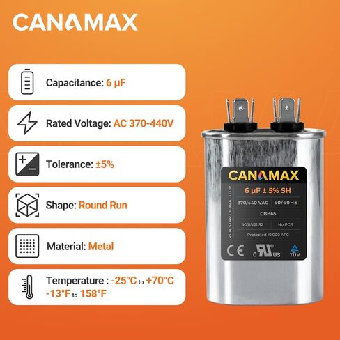Canamax Premium 6uF mfd ±5% 370-440VAC Oval Run Start Capacitor 50/60 Hz AC Electric - Exact Fit for AC Motor Run or Fan Start and Cool or Heat Pump Air Conditioner in Saudi Arabia