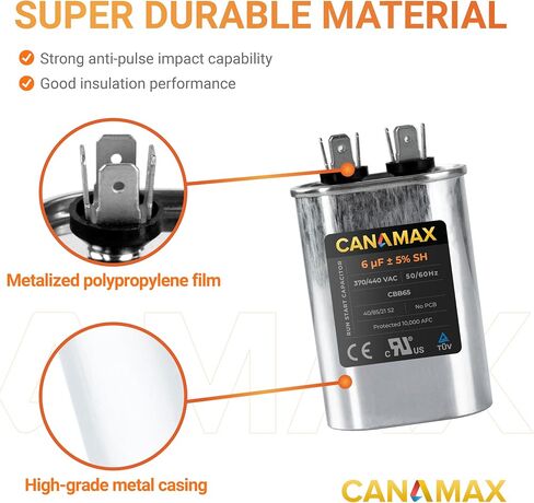 Canamax Premium 6uF mfd ±5% 370-440VAC Oval Run Start Capacitor 50/60 Hz AC Electric - Exact Fit for AC Motor Run or Fan Start and Cool or Heat Pump Air Conditioner in Saudi Arabia