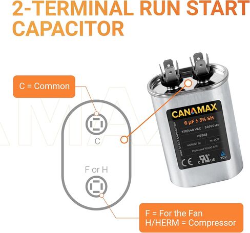 Canamax Premium 6uF mfd ±5% 370-440VAC Oval Run Start Capacitor 50/60 Hz AC Electric - Exact Fit for AC Motor Run or Fan Start and Cool or Heat Pump Air Conditioner in Saudi Arabia
