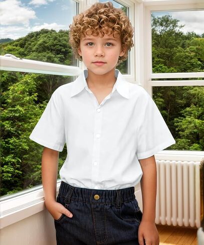 Visaccy Boys Short Sleeve Dress Shirts Button Down Solid Cotton Casual Shirt Size 2-20 Years in Saudi Arabia