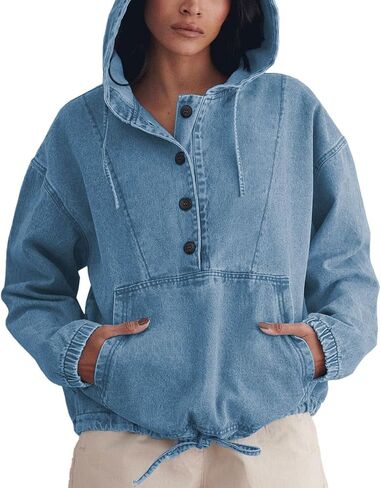Women's Denim Hoodie Button Down Pullover Jacket Jean Sweatshirt Tops in Saudi Arabia