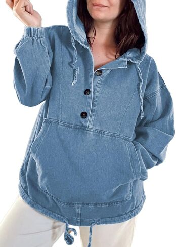 Women's Denim Hoodie Button Down Pullover Jacket Jean Sweatshirt Tops in Saudi Arabia