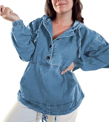 Women's Denim Hoodie Button Down Pullover Jacket Jean Sweatshirt Tops in Saudi Arabia