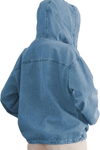 Women's Denim Hoodie Button Down Pullover Jacket Jean Sweatshirt Tops in Saudi Arabia