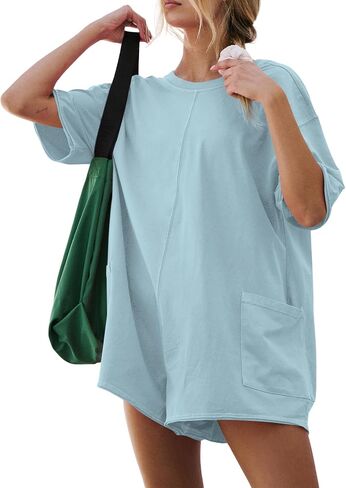 GTETKDE Rompers for Women Casual Short Sleeve Oversized Athletic Jumpsuits Workout Hot Shot Tee Romper Overalls with Pockets in Kuwait