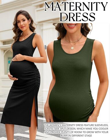 Neer 2 Pack Women's Ribbed Cotton Sleeveless Maternity Tank Dresses, Scoop Neck Side Slit Pregnancy Clothes Ruched Bodycon in Saudi Arabia