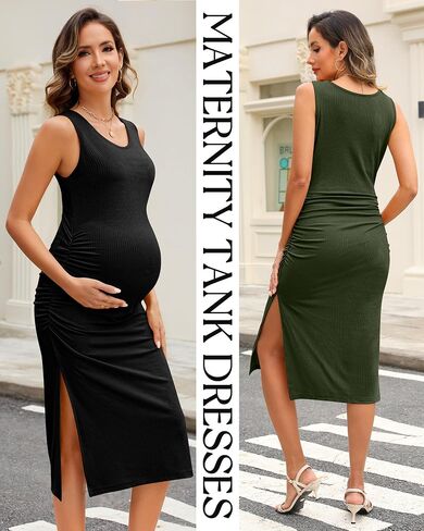 Neer 2 Pack Women's Ribbed Cotton Sleeveless Maternity Tank Dresses, Scoop Neck Side Slit Pregnancy Clothes Ruched Bodycon in Saudi Arabia
