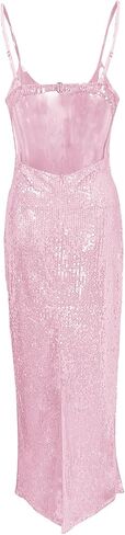 BOLLEY JOSS Women's Sequins Midi Dress Sexy Spaghetti Strap Long Dress in Saudi Arabia