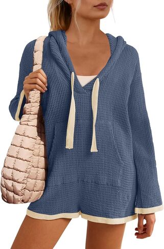 Yanekop Womens V Neck Romper Waffle Knit Jumpsuit Short Overalls Romper One Piece Jumper with Hoodie in Saudi Arabia