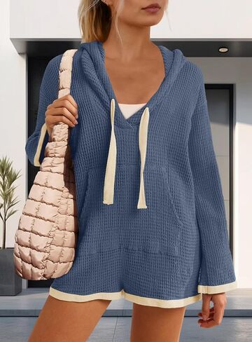 Yanekop Womens V Neck Romper Waffle Knit Jumpsuit Short Overalls Romper One Piece Jumper with Hoodie in Saudi Arabia