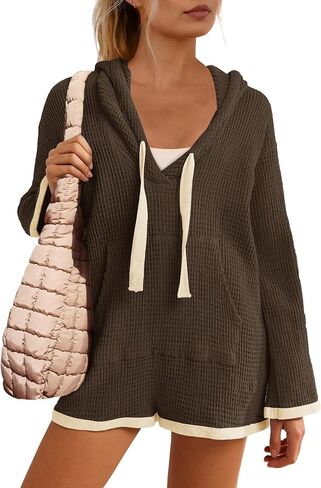 Yanekop Womens V Neck Romper Waffle Knit Jumpsuit Short Overalls Romper One Piece Jumper with Hoodie in Saudi Arabia