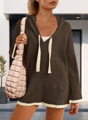 Yanekop Womens V Neck Romper Waffle Knit Jumpsuit Short Overalls Romper One Piece Jumper with Hoodie in Saudi Arabia