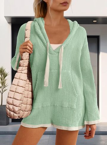 Yanekop Womens V Neck Romper Waffle Knit Jumpsuit Short Overalls Romper One Piece Jumper with Hoodie in Saudi Arabia
