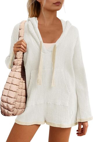 Yanekop Womens v Neck Romper Waffle Phemsuit Phemsuit Shorts Romper One Piece Jumper with Hoodie in Saudi Arabia
