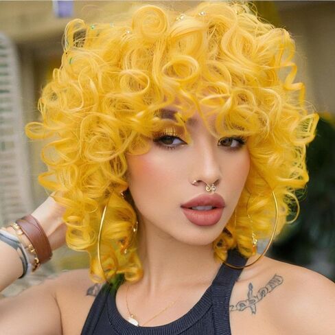 Curly Wig for Black Women Full and Soft Short Curly Wig with Bangs Afro Loose Curls Afro Kinky Wigs for African Black Women (Yellow) in Saudi Arabia