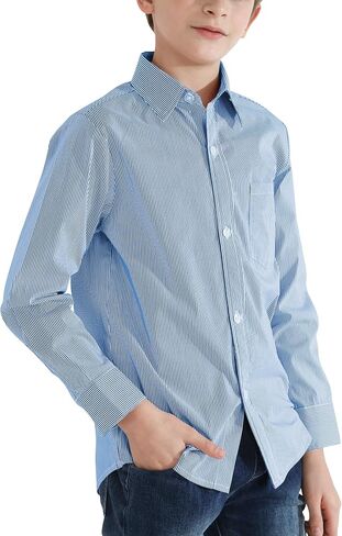 زر QBK Boys الأكمام الطويلة أسفل القمصان Oxford Dress Shirt قميص مخطط مخطط لمدة 2T-16 سنوات in Kuwait