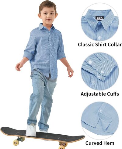 زر QBK Boys الأكمام الطويلة أسفل القمصان Oxford Dress Shirt قميص مخطط مخطط لمدة 2T-16 سنوات in Kuwait